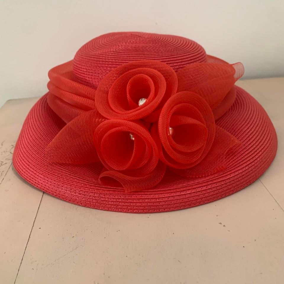 Vintage Red Floral Straw Derby Hat Setmar New York 22"